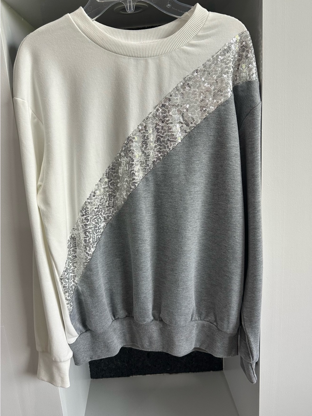Sequin-Accent Crewneck Sweatshirt - White & Gray